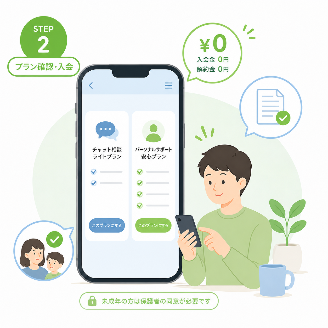 料金とプラン内容を確認し、保護者同意も確認するイメージ